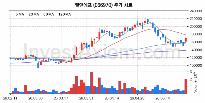 엘앤에프 주식 종목의 분석 시점 기준 최근 70일 간의 일봉 차트