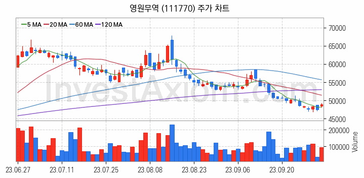 겨울 관련주 영원무역 주식 종목의 분석 시점 기준 최근 일봉 차트