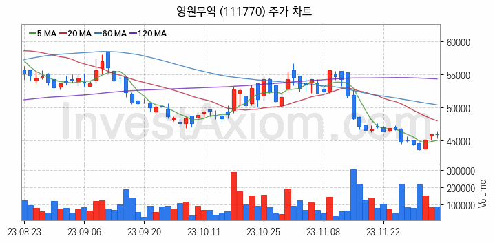 겨울 관련주 영원무역 주식 종목의 분석 시점 기준 최근 일봉 차트