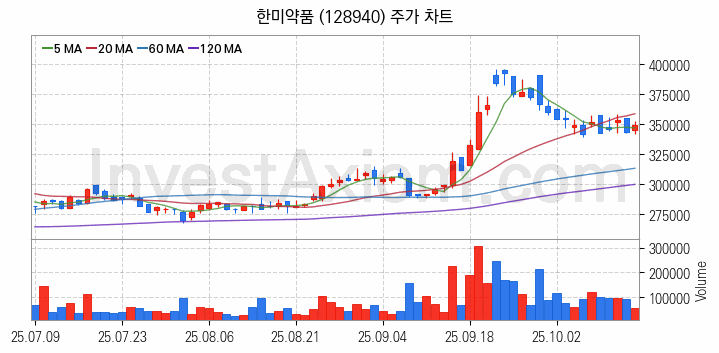 겨울 관련주 한미약품 주식 종목의 분석 시점 기준 최근 일봉 차트
