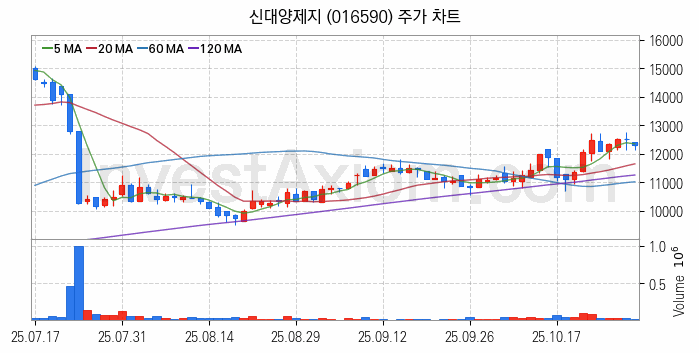 골판지 제조 관련주 신대양제지 주식 종목의 분석 시점 기준 최근 일봉 차트