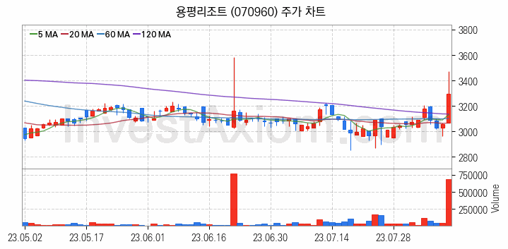 골프 관련주 용평리조트 주식 종목의 분석 시점 기준 최근 일봉 차트