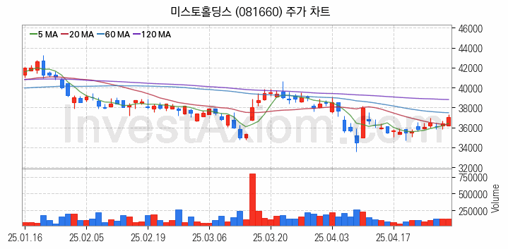 골프 관련주 미스토홀딩스 주식 종목의 분석 시점 기준 최근 일봉 차트