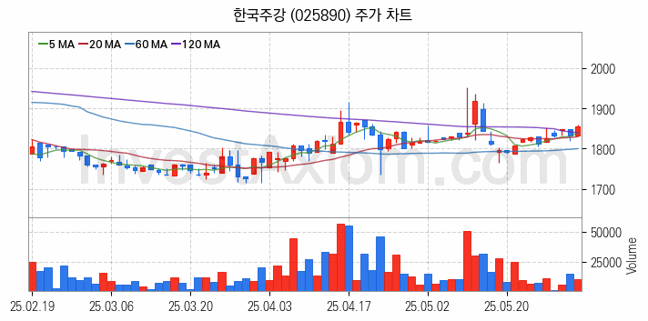 공작기계 관련주 한국주강 주식 종목의 분석 시점 기준 최근 일봉 차트