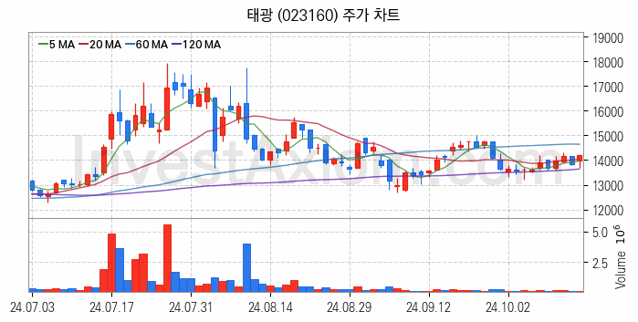 관이음쇠 밸브 관련주 태광 주식 종목의 분석 시점 기준 최근 일봉 차트