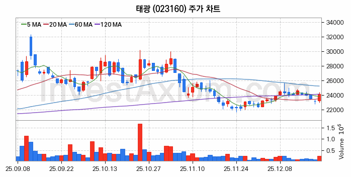관이음쇠 밸브 관련주 태광 주식 종목의 분석 시점 기준 최근 일봉 차트
