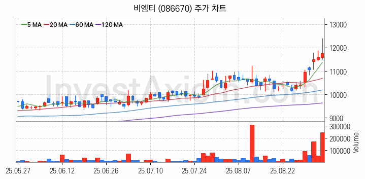 관이음쇠 밸브 관련주 비엠티 주식 종목의 분석 시점 기준 최근 일봉 차트