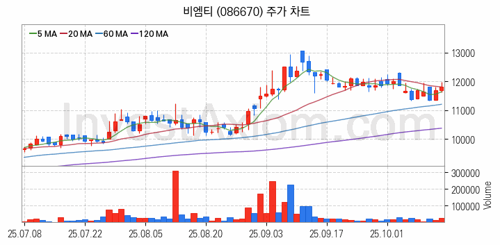 관이음쇠 밸브 관련주 비엠티 주식 종목의 분석 시점 기준 최근 일봉 차트