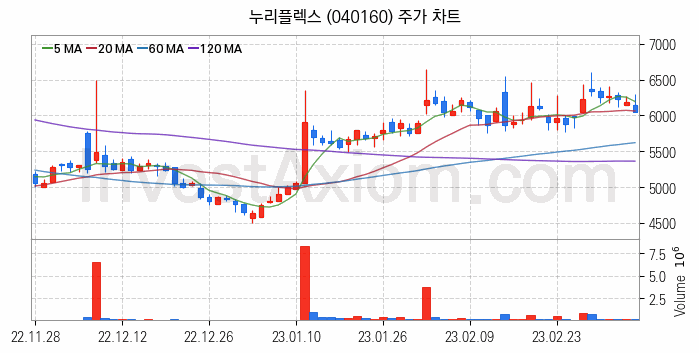 금융자동화기기 디지털화폐 관련주 누리플렉스 주식 종목의 분석 시점 기준 최근 일봉 차트