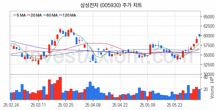 뉴로모픽 반도체 관련주 삼성전자 주식 종목의 분석 시점 기준 최근 일봉 차트