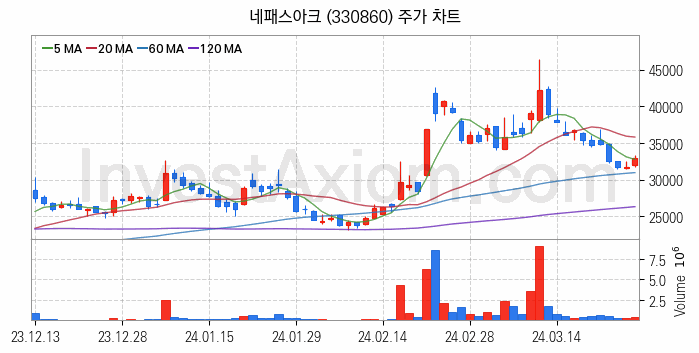 뉴로모픽 반도체 관련주 네패스아크 주식 종목의 분석 시점 기준 최근 일봉 차트