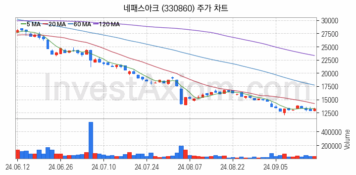 뉴로모픽 반도체 관련주 네패스아크 주식 종목의 분석 시점 기준 최근 일봉 차트