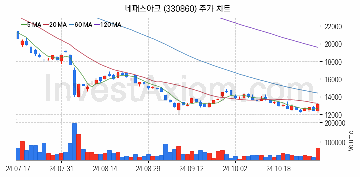 뉴로모픽 반도체 관련주 네패스아크 주식 종목의 분석 시점 기준 최근 일봉 차트