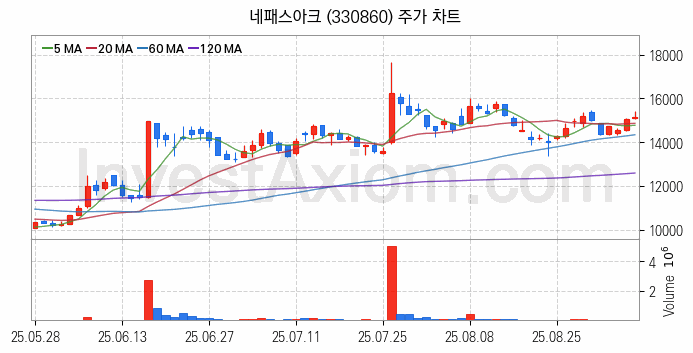 뉴로모픽 반도체 관련주 네패스아크 주식 종목의 분석 시점 기준 최근 일봉 차트