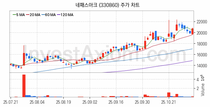 뉴로모픽 반도체 관련주 네패스아크 주식 종목의 분석 시점 기준 최근 일봉 차트