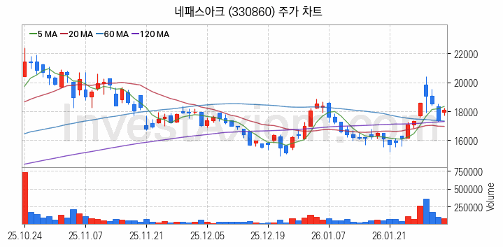 뉴로모픽 반도체 관련주 네패스아크 주식 종목의 분석 시점 기준 최근 일봉 차트