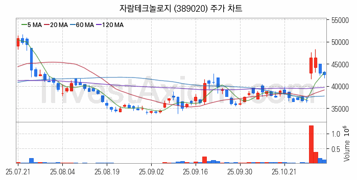 뉴로모픽 반도체 관련주 자람테크놀로지 주식 종목의 분석 시점 기준 최근 일봉 차트