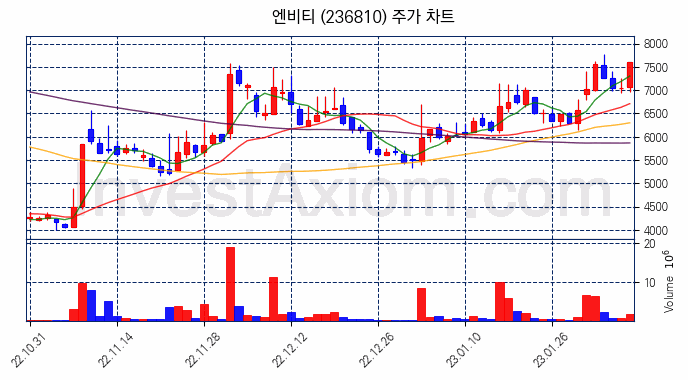 엔비티 주식 종목의 분석 시점 기준 최근 70일 간의 일봉 차트