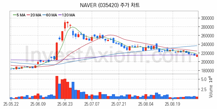 대체불가토큰 NFT 관련주 NAVER 주식 종목의 분석 시점 기준 최근 일봉 차트