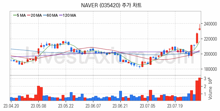 대표 인터넷 관련주 NAVER 주식 종목의 분석 시점 기준 최근 일봉 차트