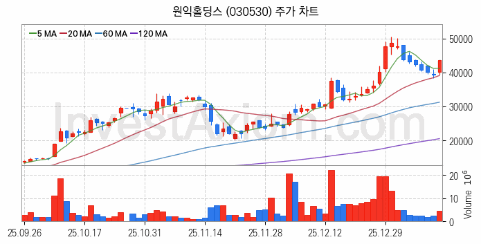 로봇 관련주 원익홀딩스 주식 종목의 분석 시점 기준 최근 일봉 차트