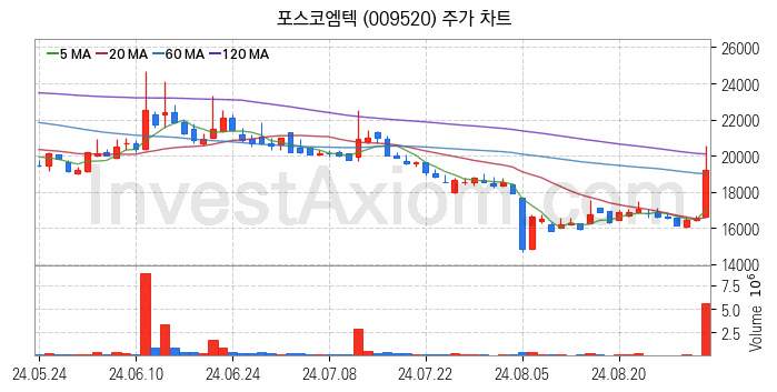 리튬 관련주 포스코엠텍 주식 종목의 분석 시점 기준 최근 일봉 차트