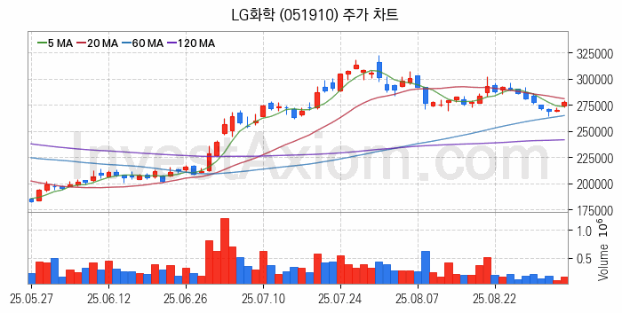 리튬 관련주 LG화학 주식 종목의 분석 시점 기준 최근 일봉 차트