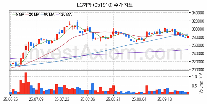 리튬 관련주 LG화학 주식 종목의 분석 시점 기준 최근 일봉 차트