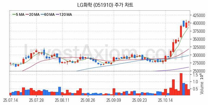 리튬 관련주 LG화학 주식 종목의 분석 시점 기준 최근 일봉 차트