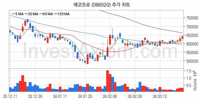 리튬 관련주 에코프로 주식 종목의 분석 시점 기준 최근 일봉 차트