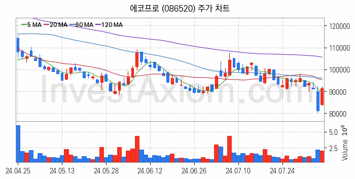 리튬 관련주 에코프로 주식 종목의 분석 시점 기준 최근 일봉 차트