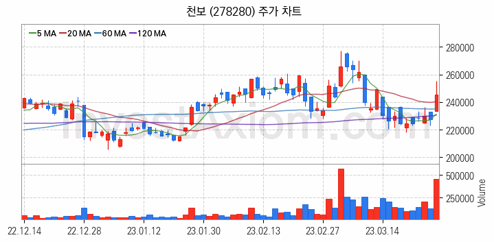 리튬 관련주 천보 주식 종목의 분석 시점 기준 최근 일봉 차트