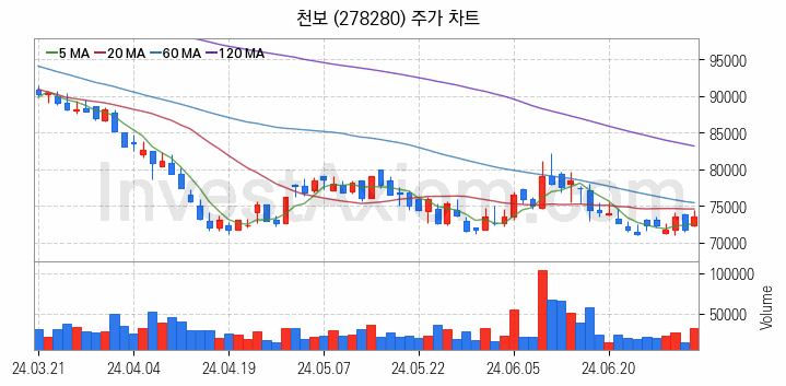 리튬 관련주 천보 주식 종목의 분석 시점 기준 최근 일봉 차트