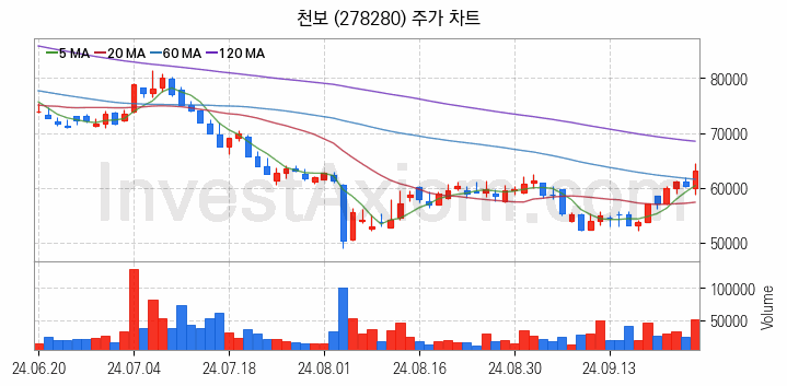 리튬 관련주 천보 주식 종목의 분석 시점 기준 최근 일봉 차트