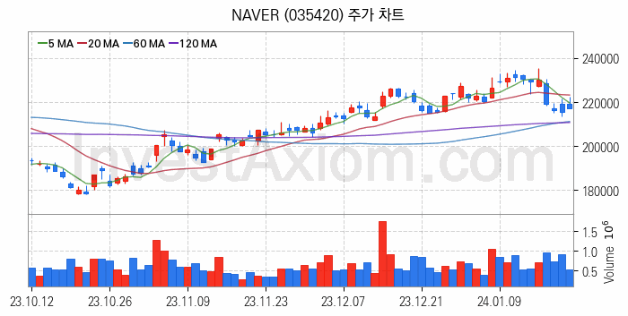 마이데이터 관련주 NAVER 주식 종목의 분석 시점 기준 최근 일봉 차트