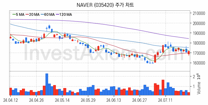 마이데이터 관련주 NAVER 주식 종목의 분석 시점 기준 최근 일봉 차트