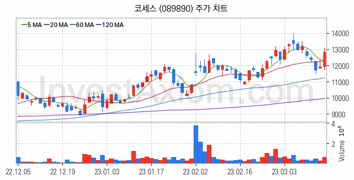 메타버스 관련주 코세스 주식 종목의 분석 시점 기준 최근 일봉 차트