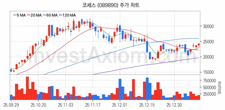 메타버스 관련주 코세스 주식 종목의 분석 시점 기준 최근 일봉 차트