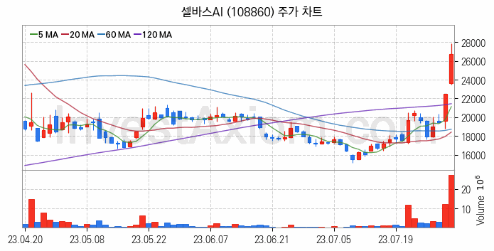 메타버스 관련주 셀바스AI 주식 종목의 분석 시점 기준 최근 일봉 차트