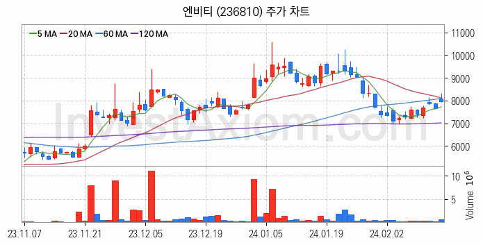 메타버스 관련주 엔비티 주식 종목의 분석 시점 기준 최근 일봉 차트