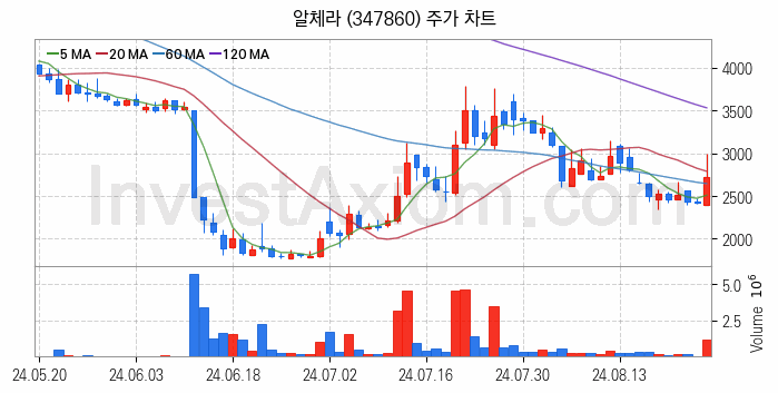 메타버스 관련주 알체라 주식 종목의 분석 시점 기준 최근 일봉 차트