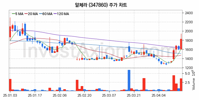 메타버스 관련주 알체라 주식 종목의 분석 시점 기준 최근 일봉 차트
