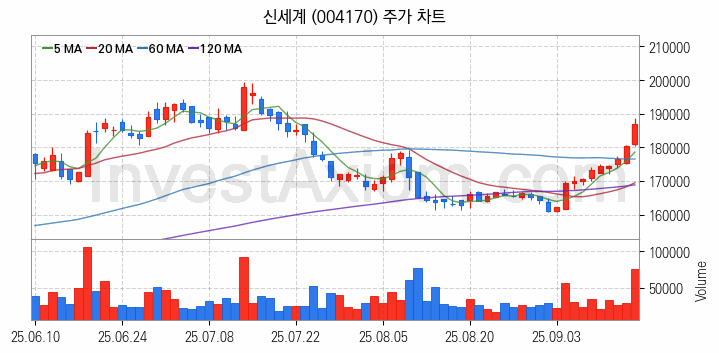 면세점 관련주 신세계 주식 종목의 분석 시점 기준 최근 일봉 차트