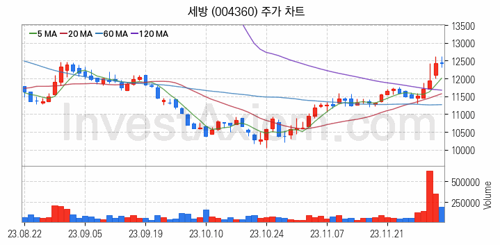 물류 관련주 세방 주식 종목의 분석 시점 기준 최근 일봉 차트