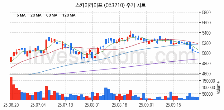 미디어 방송 신문 관련주 스카이라이프 주식 종목의 분석 시점 기준 최근 일봉 차트