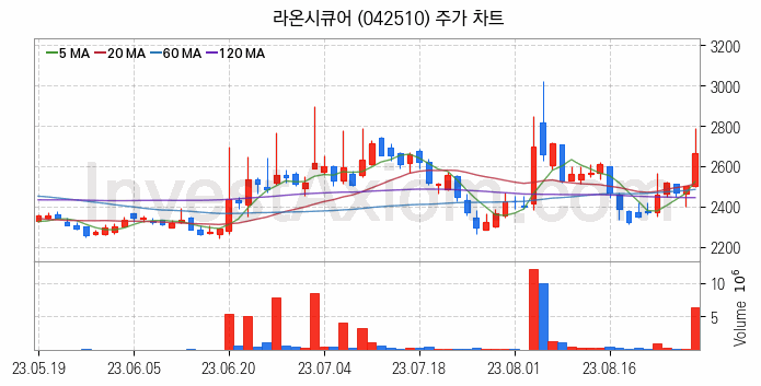 바이오인식 생체인식 관련주 라온시큐어 주식 종목의 분석 시점 기준 최근 일봉 차트