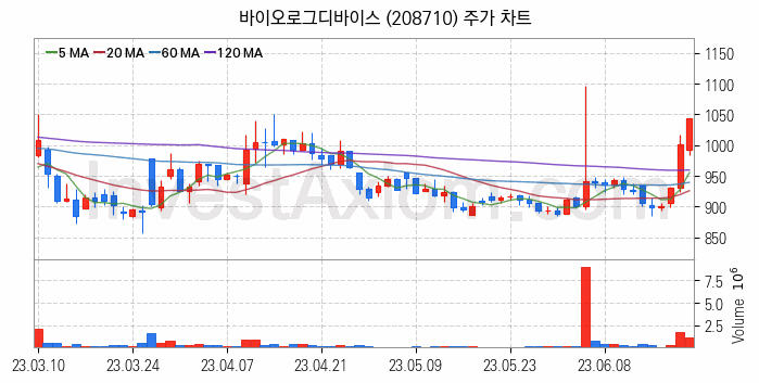 바이오인식 생체인식 관련주 바이오로그디바이스 주식 종목의 분석 시점 기준 최근 일봉 차트