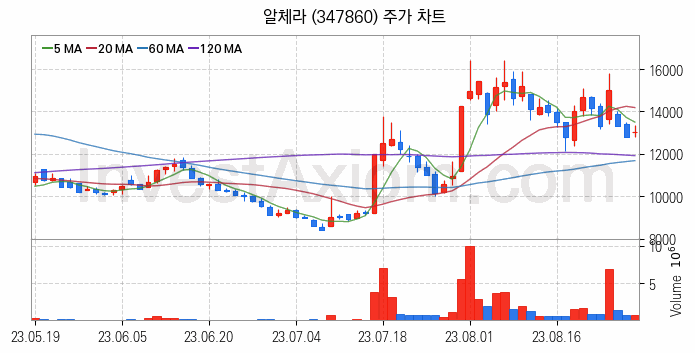 바이오인식 생체인식 관련주 알체라 주식 종목의 분석 시점 기준 최근 일봉 차트