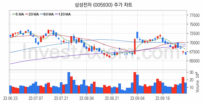 반도체 생산 관련주 삼성전자 주식 종목의 분석 시점 기준 최근 일봉 차트