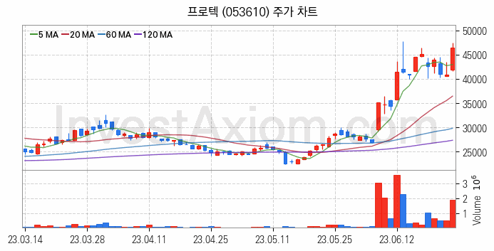 반도체 장비 관련주 프로텍 주식 종목의 분석 시점 기준 최근 일봉 차트